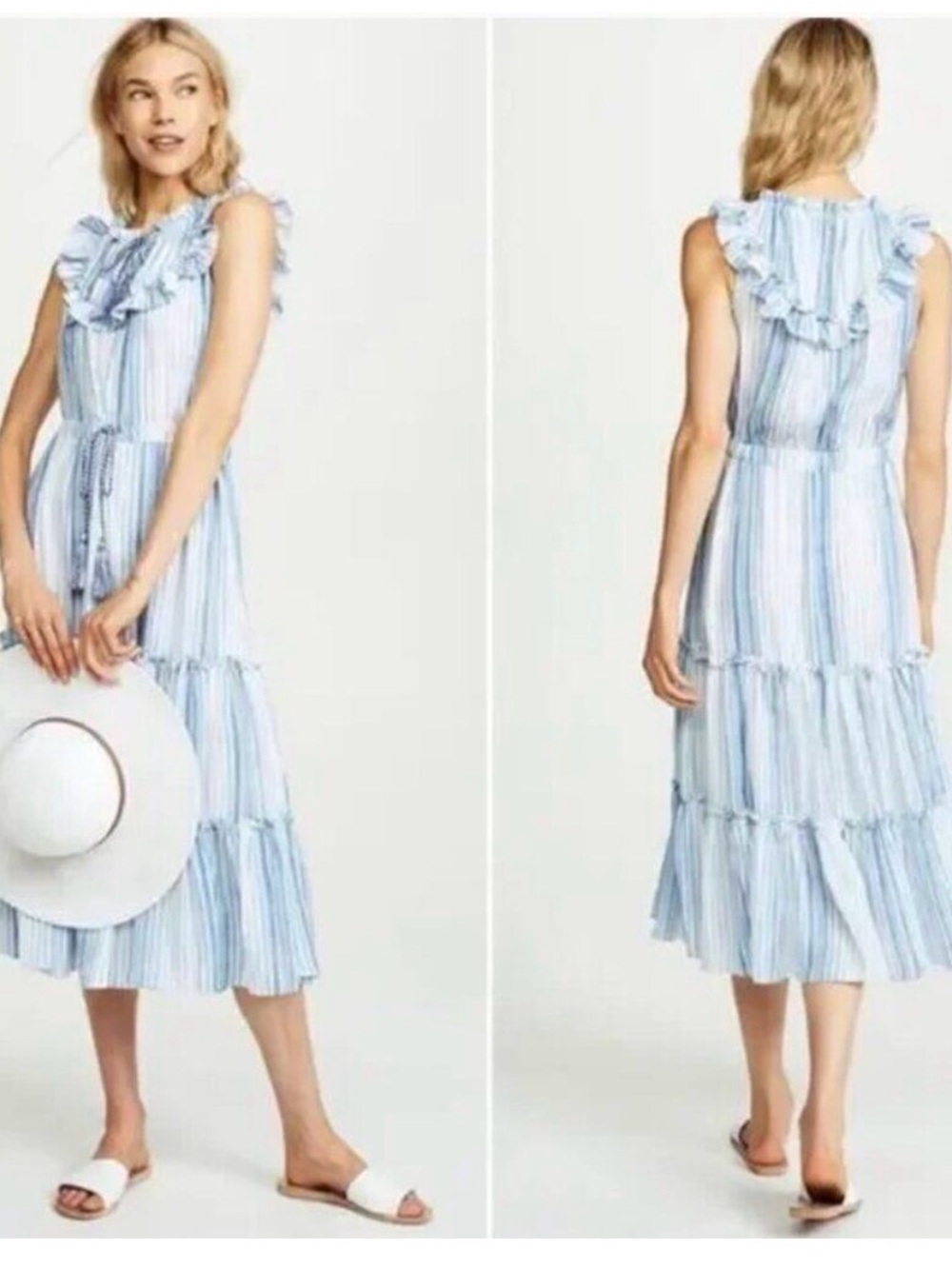 Misa Los Angeles Aleja Striped Blue White Ruffle-Tiered Tassel Midi Dress XS